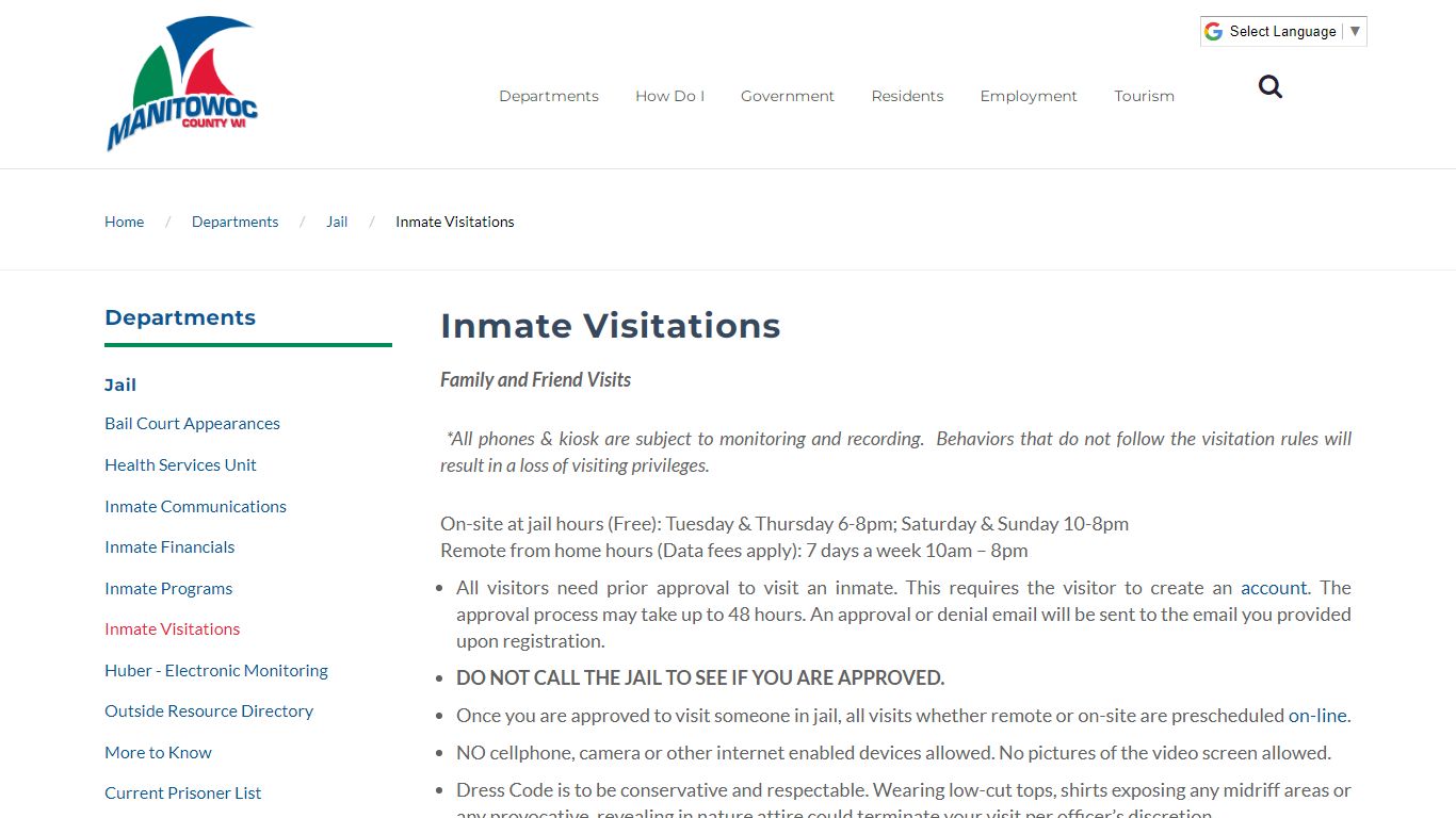 Inmate Visitations - Manitowoc County