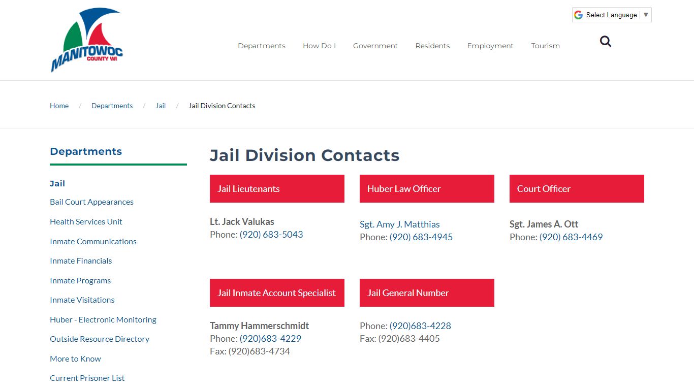 Jail Division Contacts - Manitowoc County